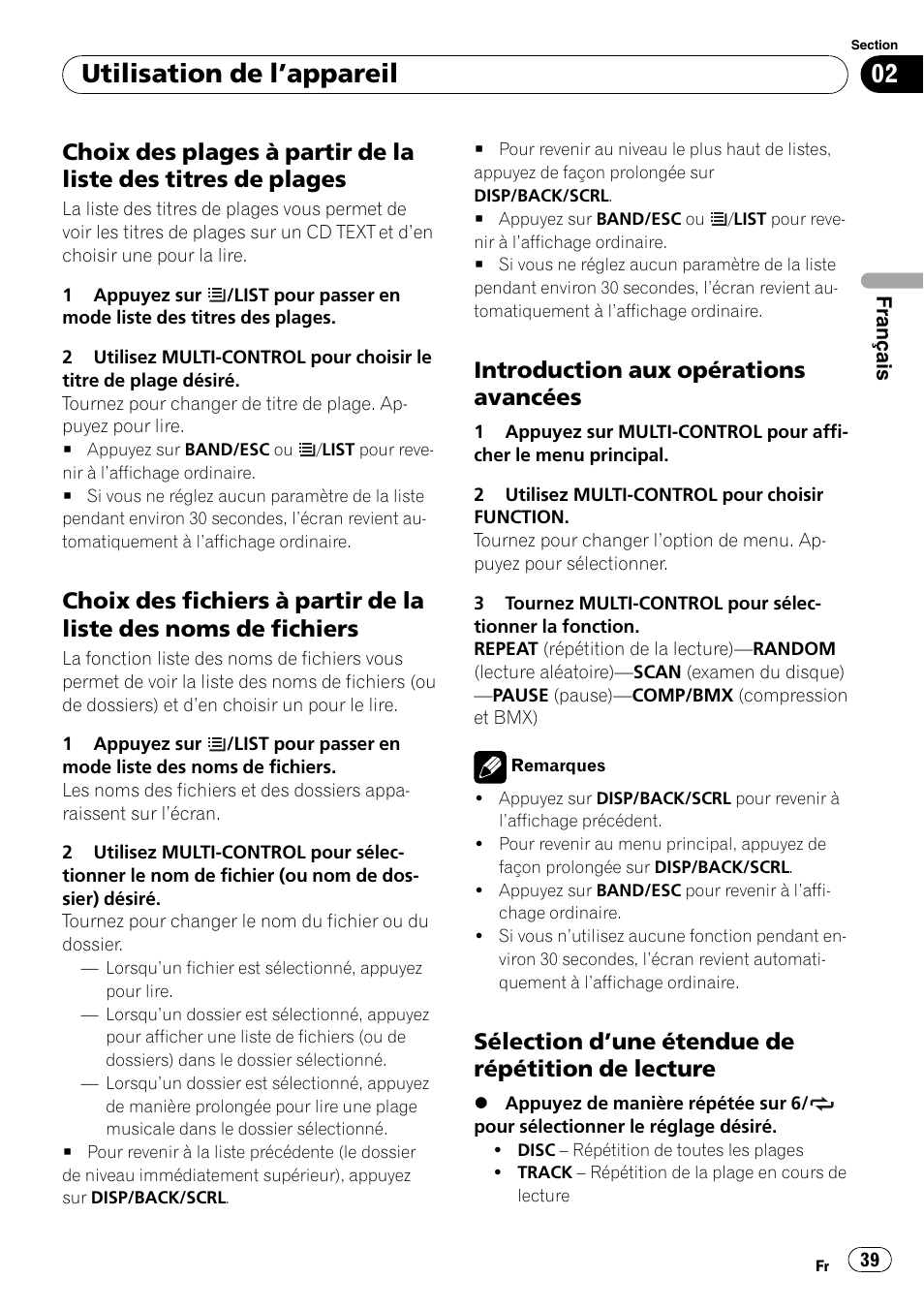 Choix des plages à partir de la liste des, Titres de plages, Choix des fichiers à partir de la liste des | Noms de fichiers, Introduction aux opérations, Avancées, Sélection d’une étendue de répétition, De lecture, Utilisation de l ’appareil, Introduction aux opérations avancées | Pioneer DEH-2100IB User Manual | Page 39 / 84