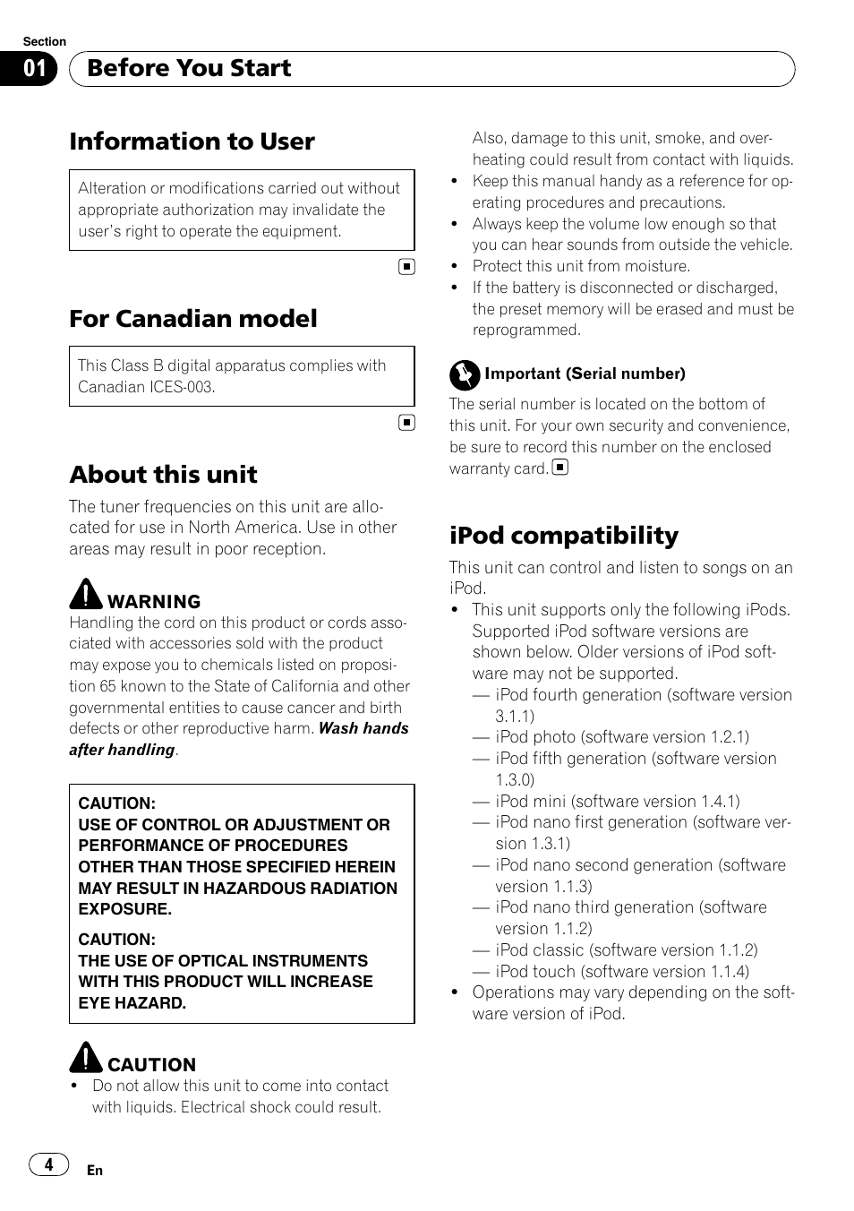 Before you start, Information to user, For canadian model | About this unit, Ipod compatibility | Pioneer DEH-2100IB User Manual | Page 4 / 84