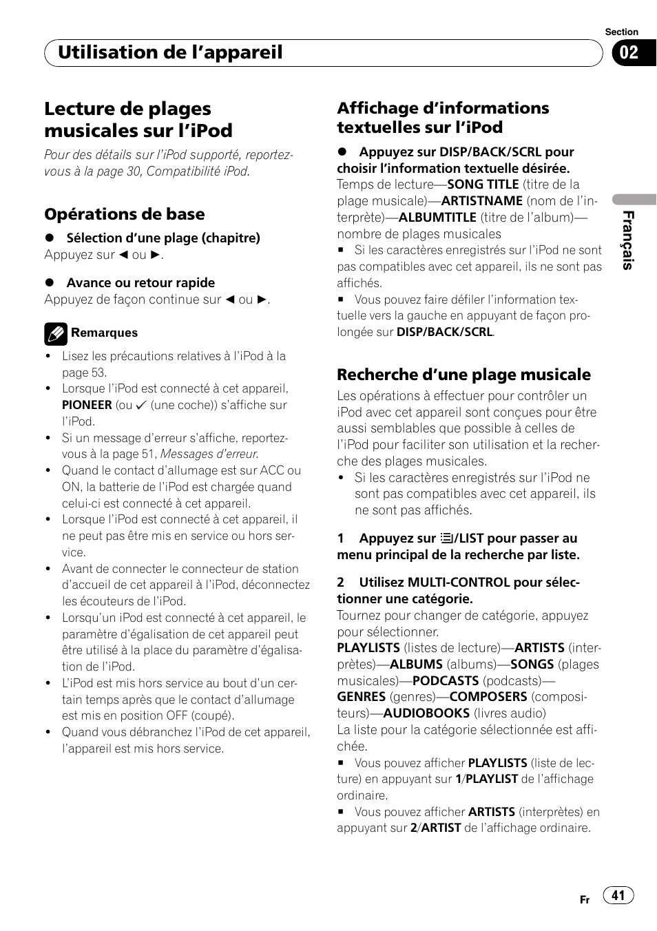 Lecture de plages musicales sur l, Ipod 41, Opérations de base 41 | Affichage d’informations textuelles sur, Recherche d’une plage musicale 41, Lecture de plages musicales sur l ’ipod, Utilisation de l ’appareil, Opérations de base, Affichage d ’informations textuelles sur l ’ipod, Recherche d ’une plage musicale | Pioneer DEH-2100IB User Manual | Page 41 / 84