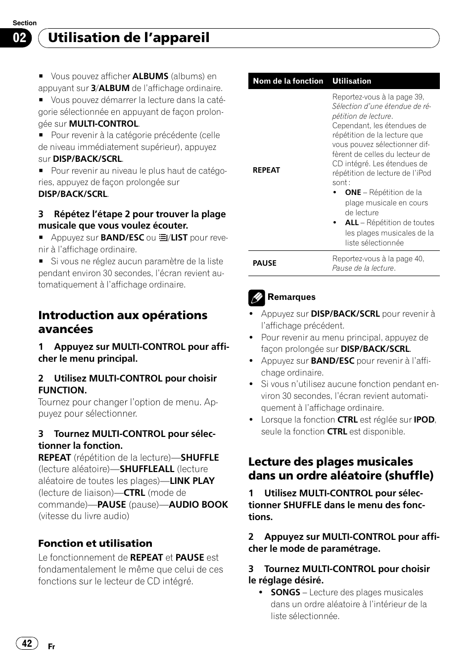 Introduction aux opérations, Avancées, Lecture des plages musicales dans un | Ordre aléatoire (shuffle), Utilisation de l ’appareil, Introduction aux opérations avancées | Pioneer DEH-2100IB User Manual | Page 42 / 84