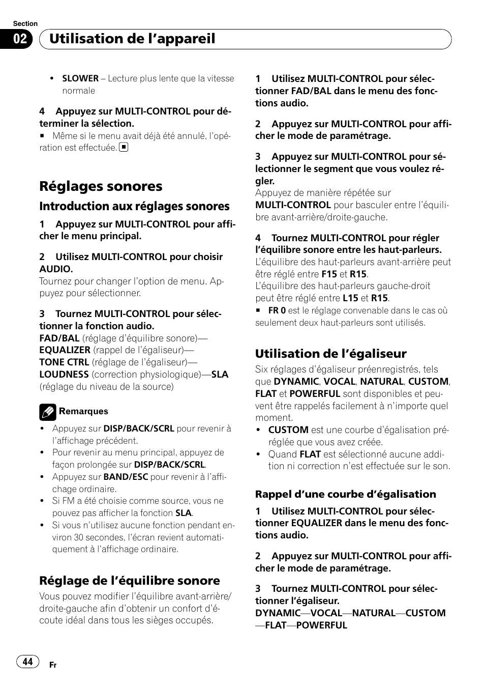 Réglages sonores, Introduction aux réglages sonores 44, Réglage de l’équilibre sonore 44 | Utilisation de l’égaliseur 44, Utilisation de l ’appareil, Introduction aux réglages sonores, Réglage de l ’équilibre sonore, Utilisation de l ’égaliseur | Pioneer DEH-2100IB User Manual | Page 44 / 84