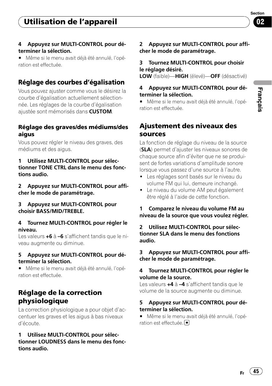 Réglage des courbes d’égalisation 45, Réglage de la correction, Physiologique | Ajustement des niveaux des, Sources, Utilisation de l ’appareil, Réglage des courbes d ’égalisation, Réglage de la correction physiologique, Ajustement des niveaux des sources | Pioneer DEH-2100IB User Manual | Page 45 / 84