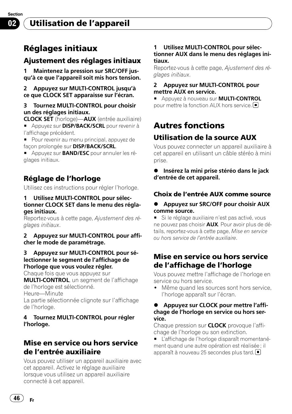 Réglages initiaux, Ajustement des réglages initiaux 46, Réglage de l’horloge 46 | Mise en service ou hors service de, Entrée auxiliaire 46, Autres fonctions, Utilisation de la source aux 46, Affichage de l’horloge 46, Utilisation de l ’appareil | Pioneer DEH-2100IB User Manual | Page 46 / 84