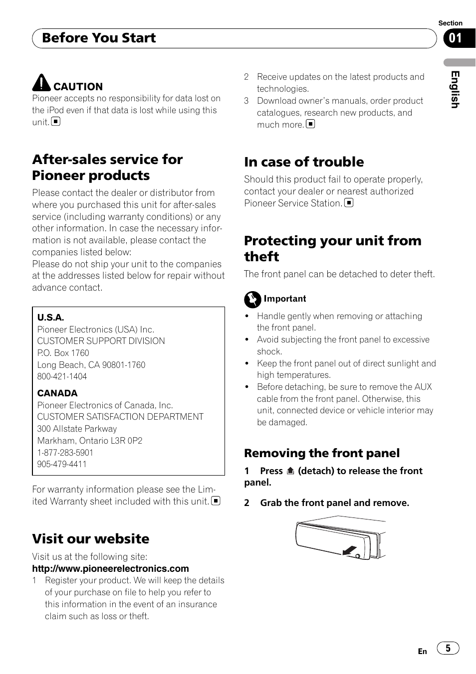 After-sales service for pioneer products, Visit our website, In case of trouble | Protecting your unit from theft, Removing the front panel 5, Before you start | Pioneer DEH-2100IB User Manual | Page 5 / 84