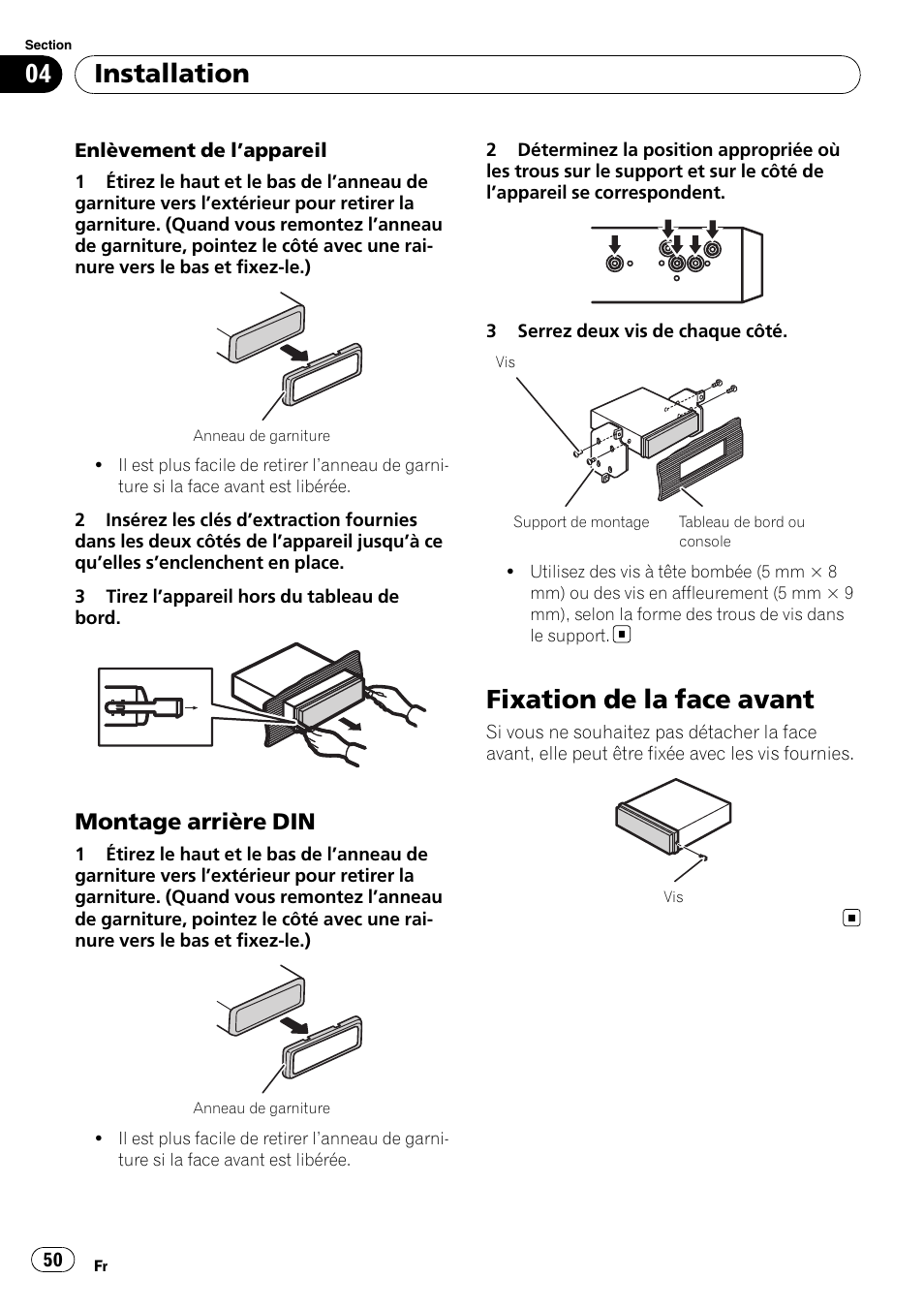 Montage arrière din 50, Fixation de la face avant, Installation | Montage arrière din | Pioneer DEH-2100IB User Manual | Page 50 / 84