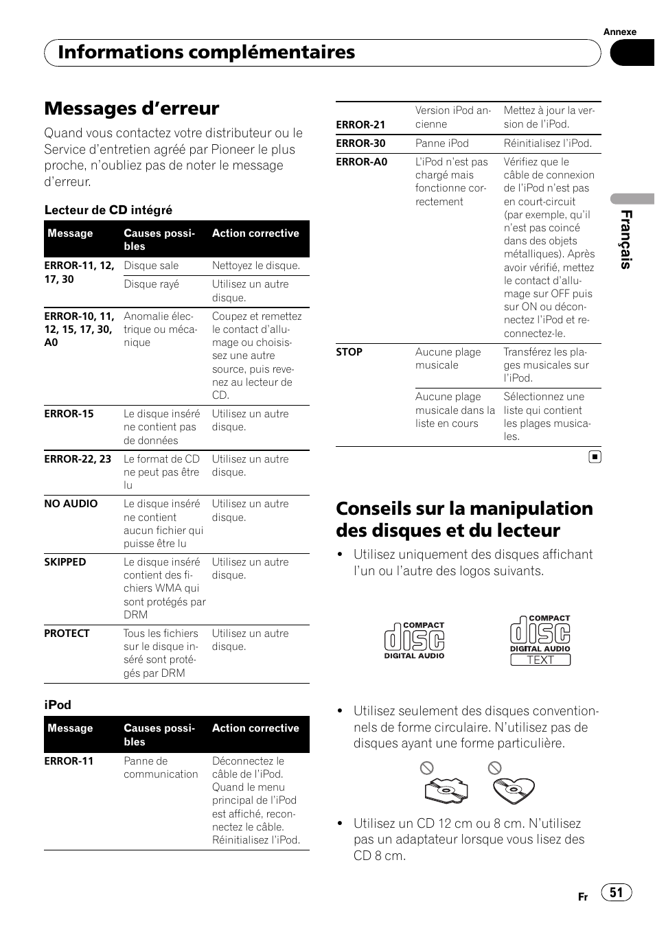 Informations complémentaires messages d, Erreur 51, Conseils sur la manipulation des disques et | Du lecteur, Erreur, Messages d ’erreur, Informations complémentaires, Français | Pioneer DEH-2100IB User Manual | Page 51 / 84