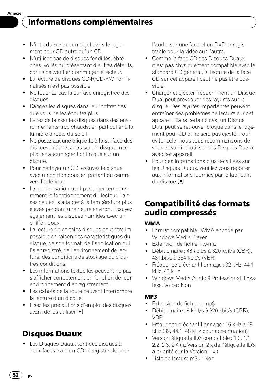 Disques duaux, Compatibilité des formats audio, Compressés | Compatibilité des formats audio compressés, Informations complémentaires | Pioneer DEH-2100IB User Manual | Page 52 / 84