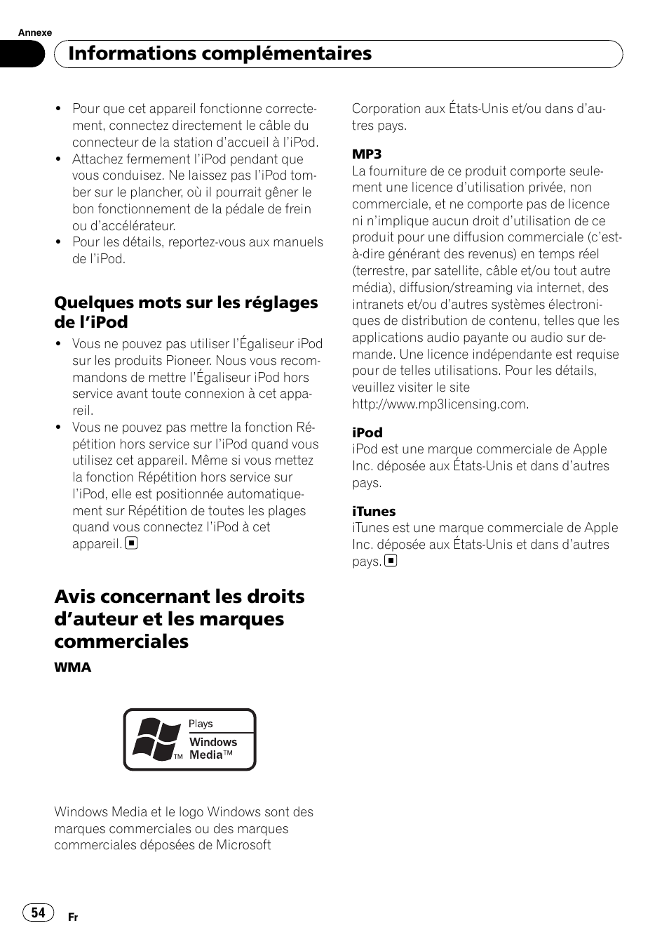 Quelques mots sur les réglages de, Ipod 54, Avis concernant les droits d | Auteur et les, Marques commerciales, Informations complémentaires | Pioneer DEH-2100IB User Manual | Page 54 / 84