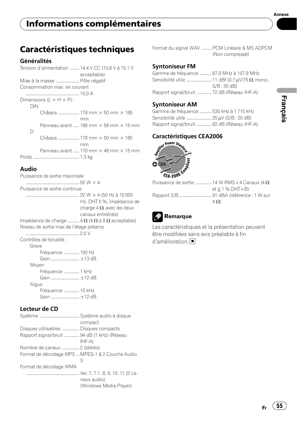 Caractéristiques techniques, Informations complémentaires, Français | Pioneer DEH-2100IB User Manual | Page 55 / 84