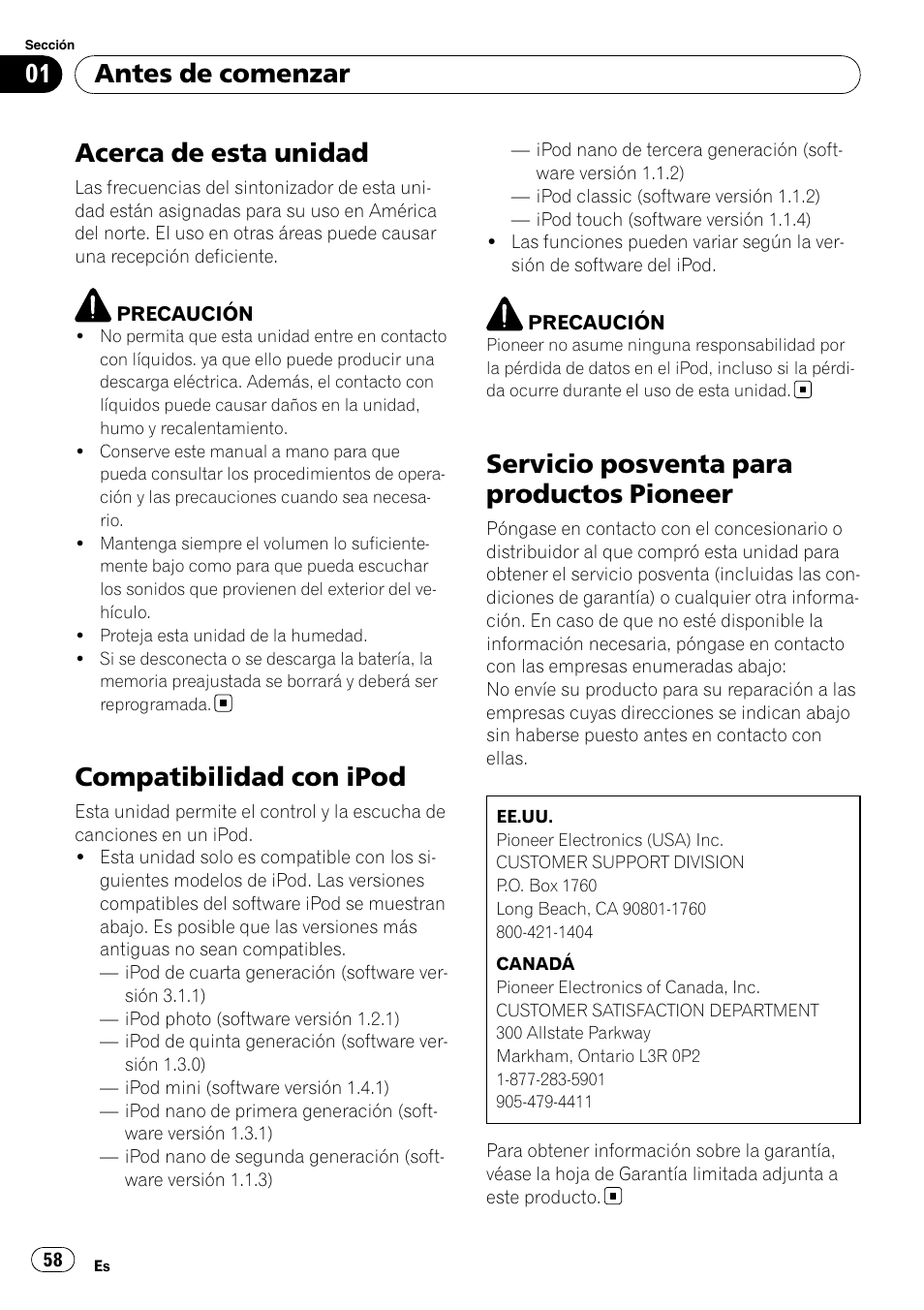 Antes de comenzar, Acerca de esta unidad, Compatibilidad con ipod | Servicio posventa para productos, Pioneer, Servicio posventa para productos pioneer | Pioneer DEH-2100IB User Manual | Page 58 / 84