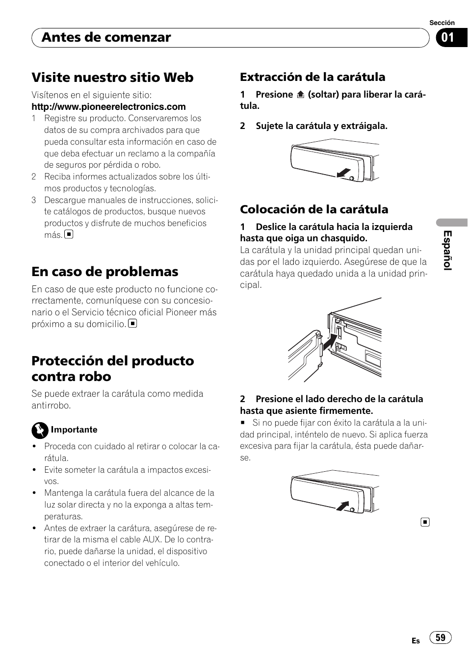 Visite nuestro sitio web, En caso de problemas, Protección del producto contra robo | Extracción de la carátula 59, Colocación de la carátula 59, Antes de comenzar | Pioneer DEH-2100IB User Manual | Page 59 / 84