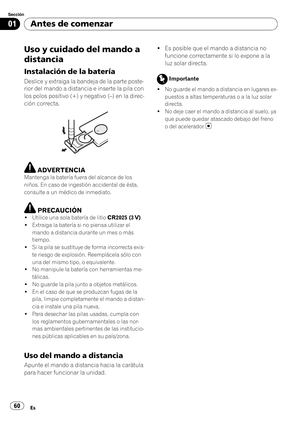 Uso y cuidado del mando a distancia, Instalación de la batería 60, Uso del mando a distancia 60 | Antes de comenzar, Instalación de la batería, Uso del mando a distancia | Pioneer DEH-2100IB User Manual | Page 60 / 84