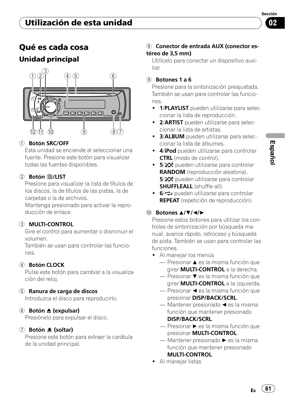 Utilización de esta unidad qué es cada cosa, Unidad principal 61, Qué es cada cosa | Utilización de esta unidad | Pioneer DEH-2100IB User Manual | Page 61 / 84