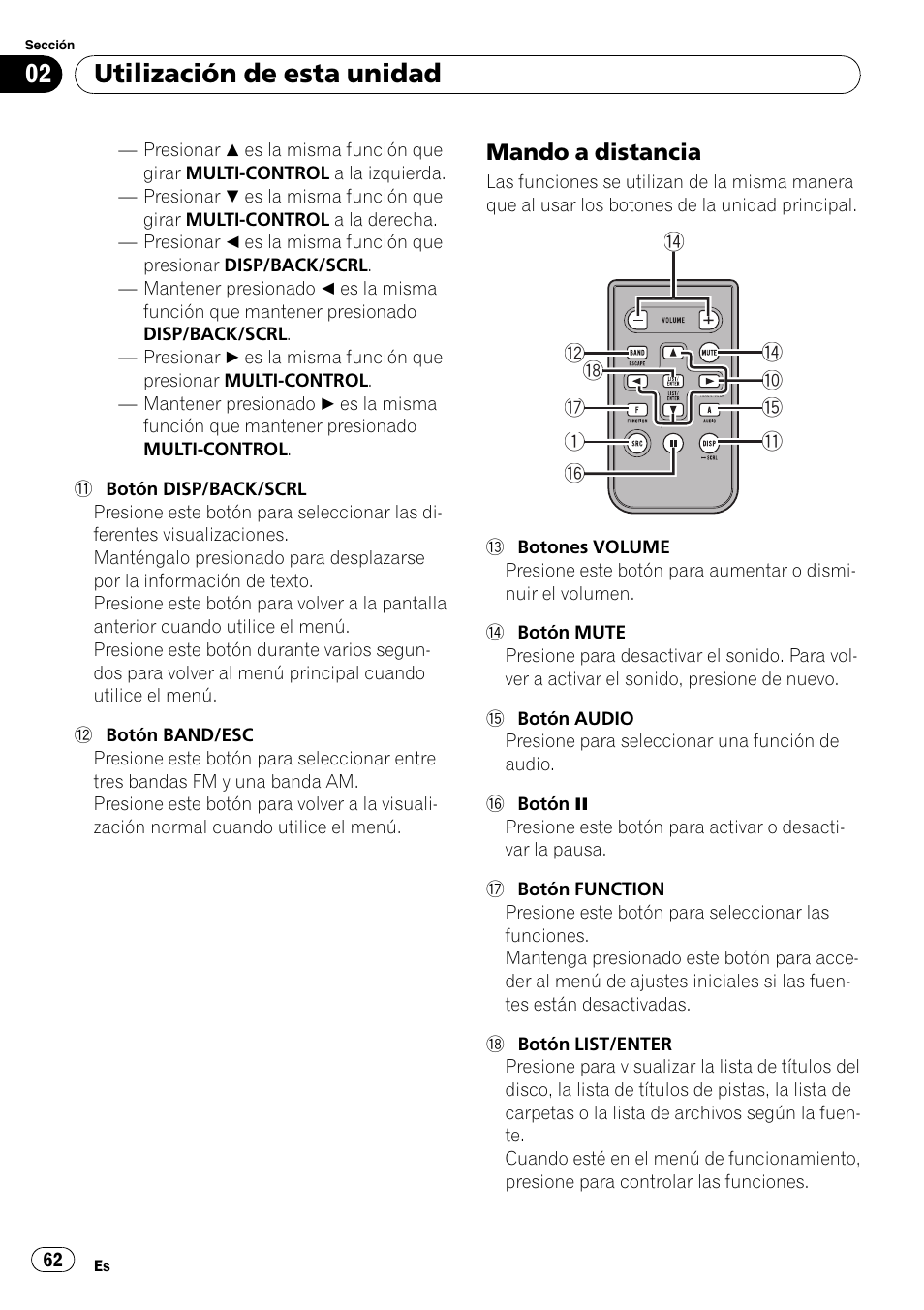 Mando a distancia 62, Utilización de esta unidad | Pioneer DEH-2100IB User Manual | Page 62 / 84