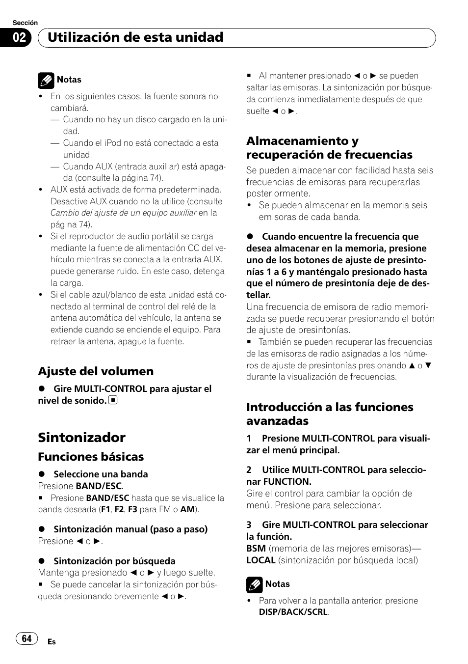 Ajuste del volumen 64, Sintonizador, Funciones básicas 64 | Almacenamiento y recuperación de, Frecuencias, Introducción a las funciones, Avanzadas, Utilización de esta unidad, Ajuste del volumen, Funciones básicas | Pioneer DEH-2100IB User Manual | Page 64 / 84