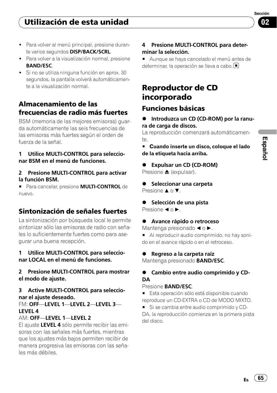 Almacenamiento de las frecuencias de, Radio más fuertes, Sintonización de señales fuertes 65 | Reproductor de cd incorporado, Funciones básicas 65, Utilización de esta unidad, Sintonización de señales fuertes, Funciones básicas | Pioneer DEH-2100IB User Manual | Page 65 / 84