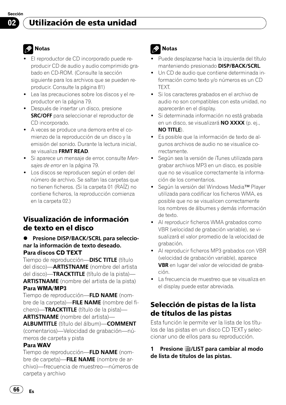 Visualización de información de texto, En el disco, Selección de pistas de la lista de títulos | De las pistas, Utilización de esta unidad, Visualización de información de texto en el disco | Pioneer DEH-2100IB User Manual | Page 66 / 84