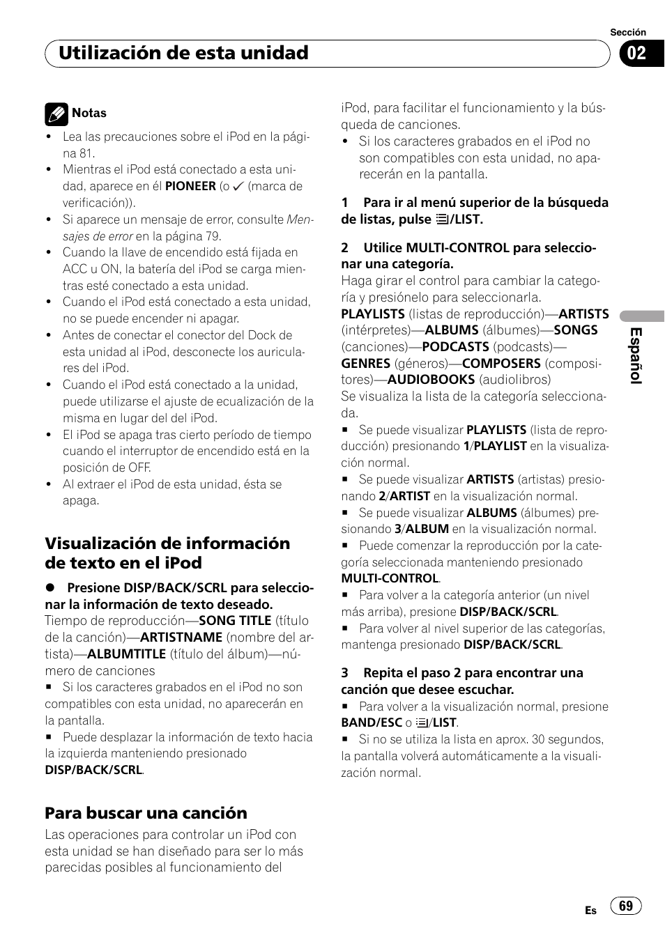 Visualización de información de texto, En el ipod, Para buscar una canción 69 | Utilización de esta unidad, Visualización de información de texto en el ipod, Para buscar una canción | Pioneer DEH-2100IB User Manual | Page 69 / 84
