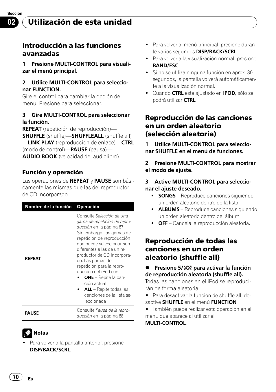 Introducción a las funciones, Avanzadas, Reproducción de las canciones en un | Orden aleatorio (selección aleatoria), Reproducción de todas las canciones, En un orden aleatorio (shuffle all), Utilización de esta unidad, Introducción a las funciones avanzadas | Pioneer DEH-2100IB User Manual | Page 70 / 84