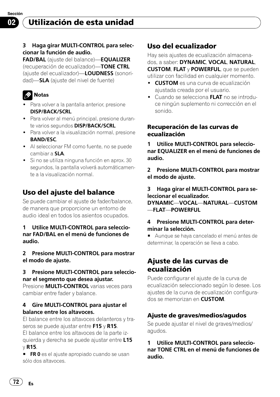 Uso del ajuste del balance 72, Uso del ecualizador 72, Ajuste de las curvas de | Ecualización, Utilización de esta unidad, Uso del ajuste del balance, Uso del ecualizador, Ajuste de las curvas de ecualización | Pioneer DEH-2100IB User Manual | Page 72 / 84