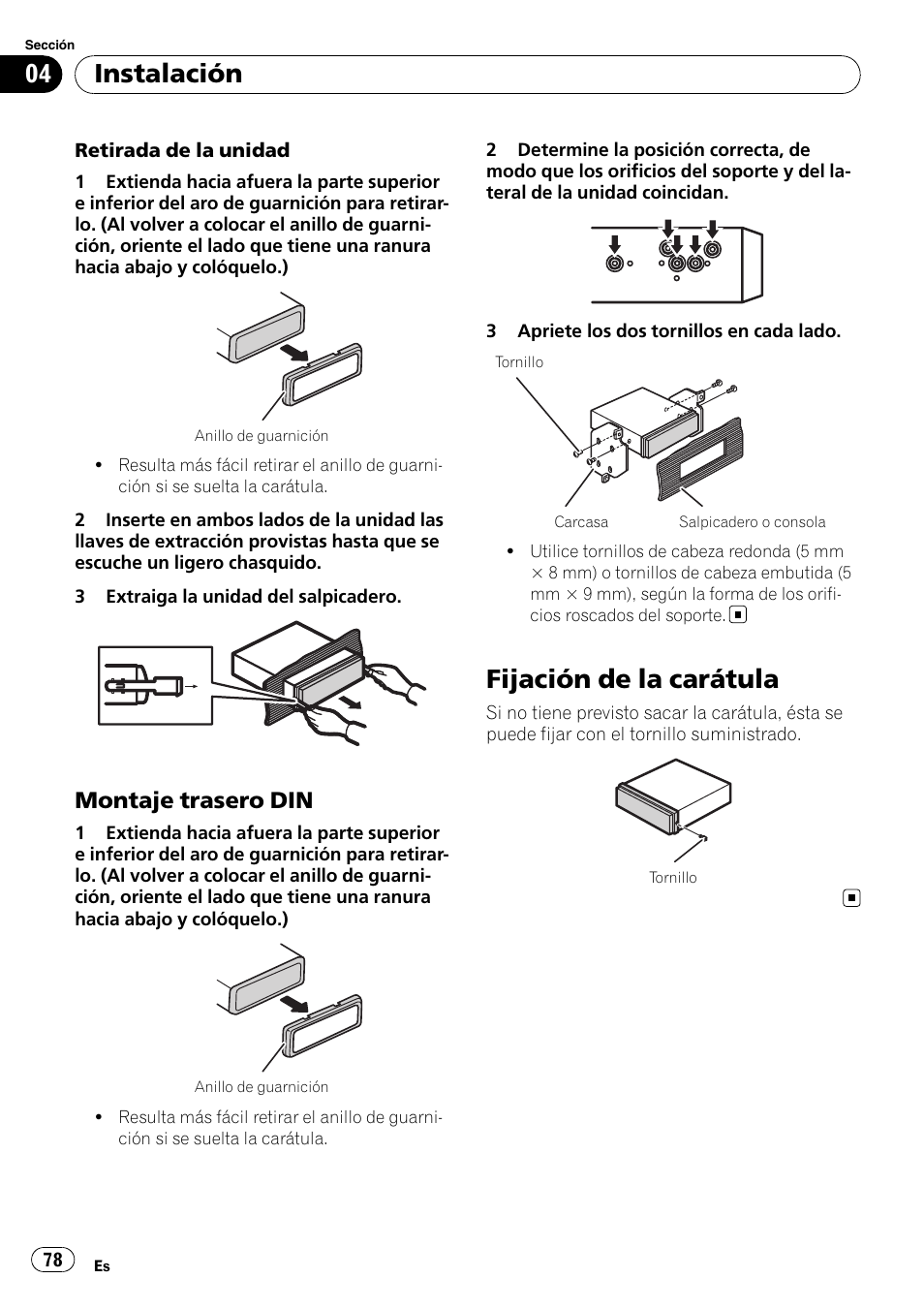 Montaje trasero din 78, Fijación de la carátula, Instalación | Montaje trasero din | Pioneer DEH-2100IB User Manual | Page 78 / 84