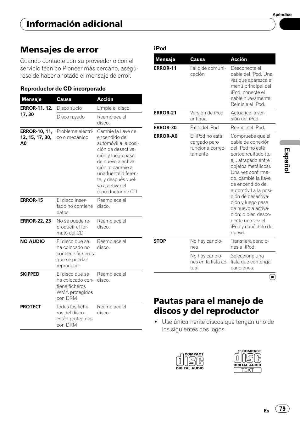 Información adicional mensajes de error, Pautas para el manejo de discos y del, Reproductor | Mensajes de error, Pautas para el manejo de discos y del reproductor, Información adicional, Español | Pioneer DEH-2100IB User Manual | Page 79 / 84