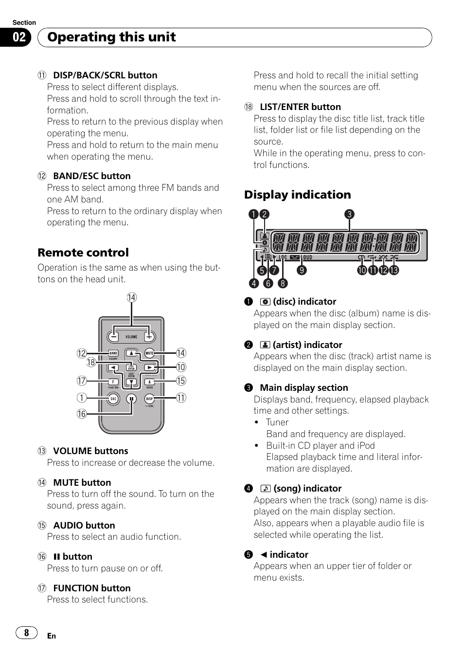 Remote control 8, Display indication 8, Operating this unit | Pioneer DEH-2100IB User Manual | Page 8 / 84