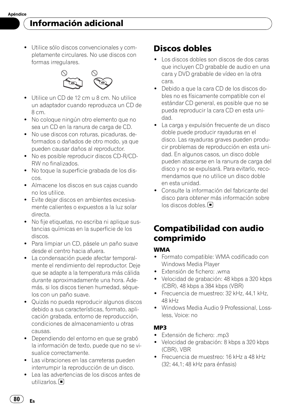 Discos dobles, Compatibilidad con audio comprimido, Información adicional | Pioneer DEH-2100IB User Manual | Page 80 / 84