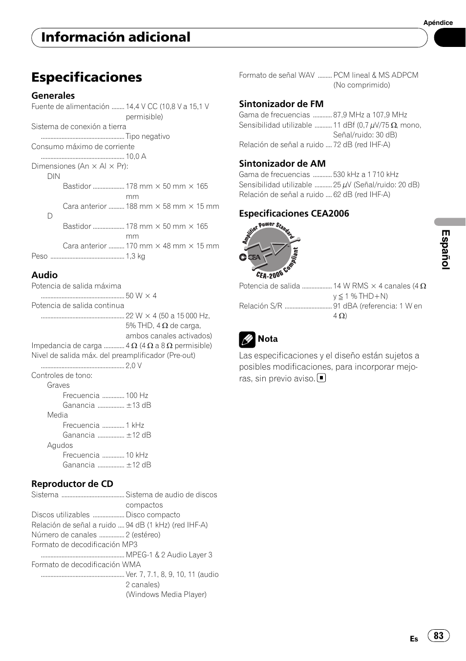 Especificaciones, Información adicional, Español | Pioneer DEH-2100IB User Manual | Page 83 / 84