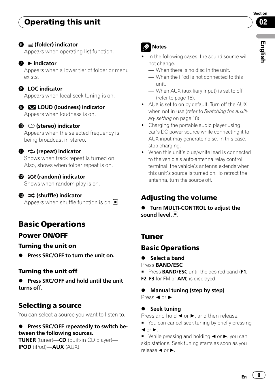 Basic operations, Power on/off 9, Selecting a source 9 | Adjusting the volume 9, Tuner, Basic operations 9, Operating this unit, Power on/off, Selecting a source, Adjusting the volume | Pioneer DEH-2100IB User Manual | Page 9 / 84