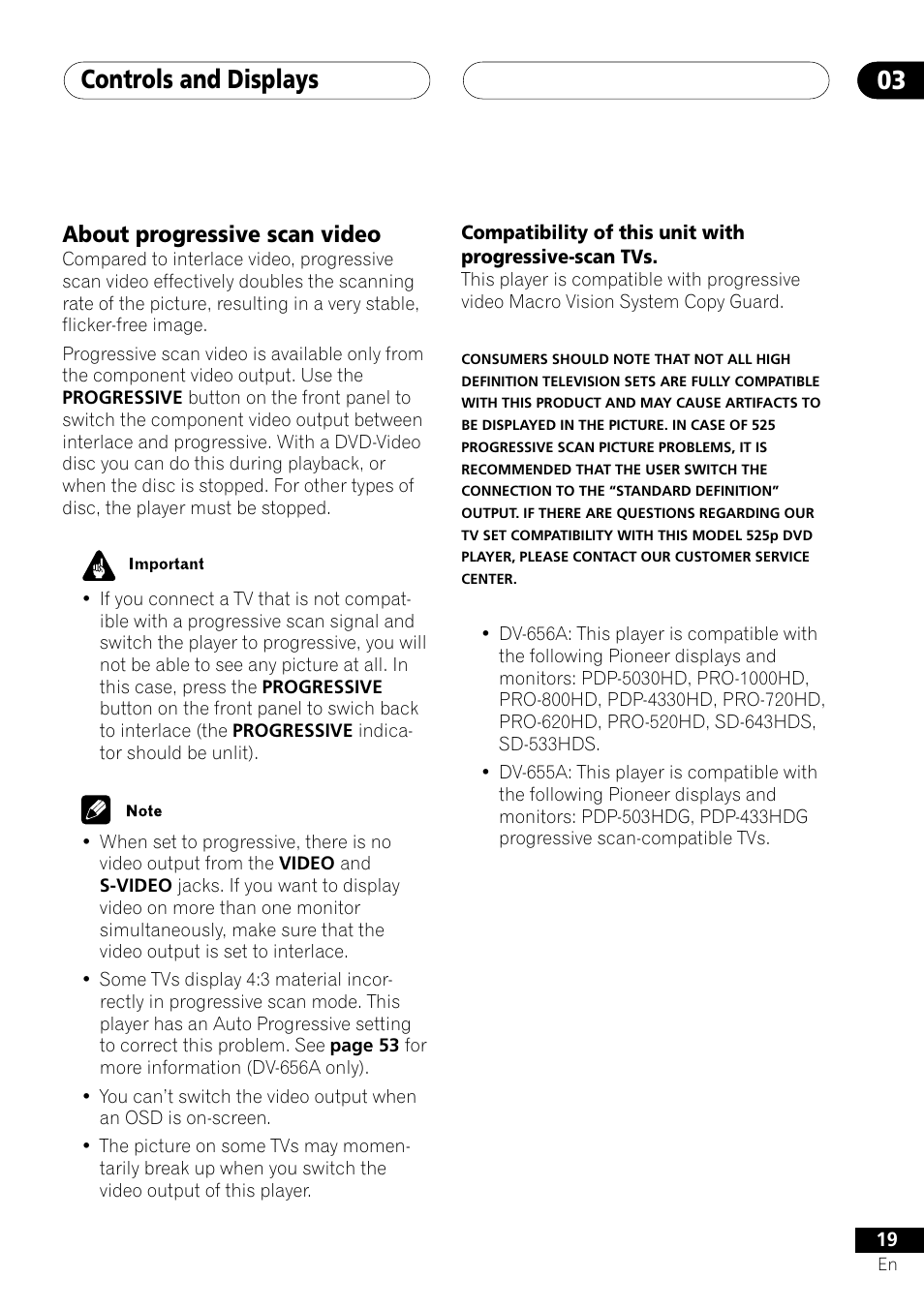 About progressive scan video, Controls and displays 03 | Pioneer DV-656A User Manual | Page 19 / 80