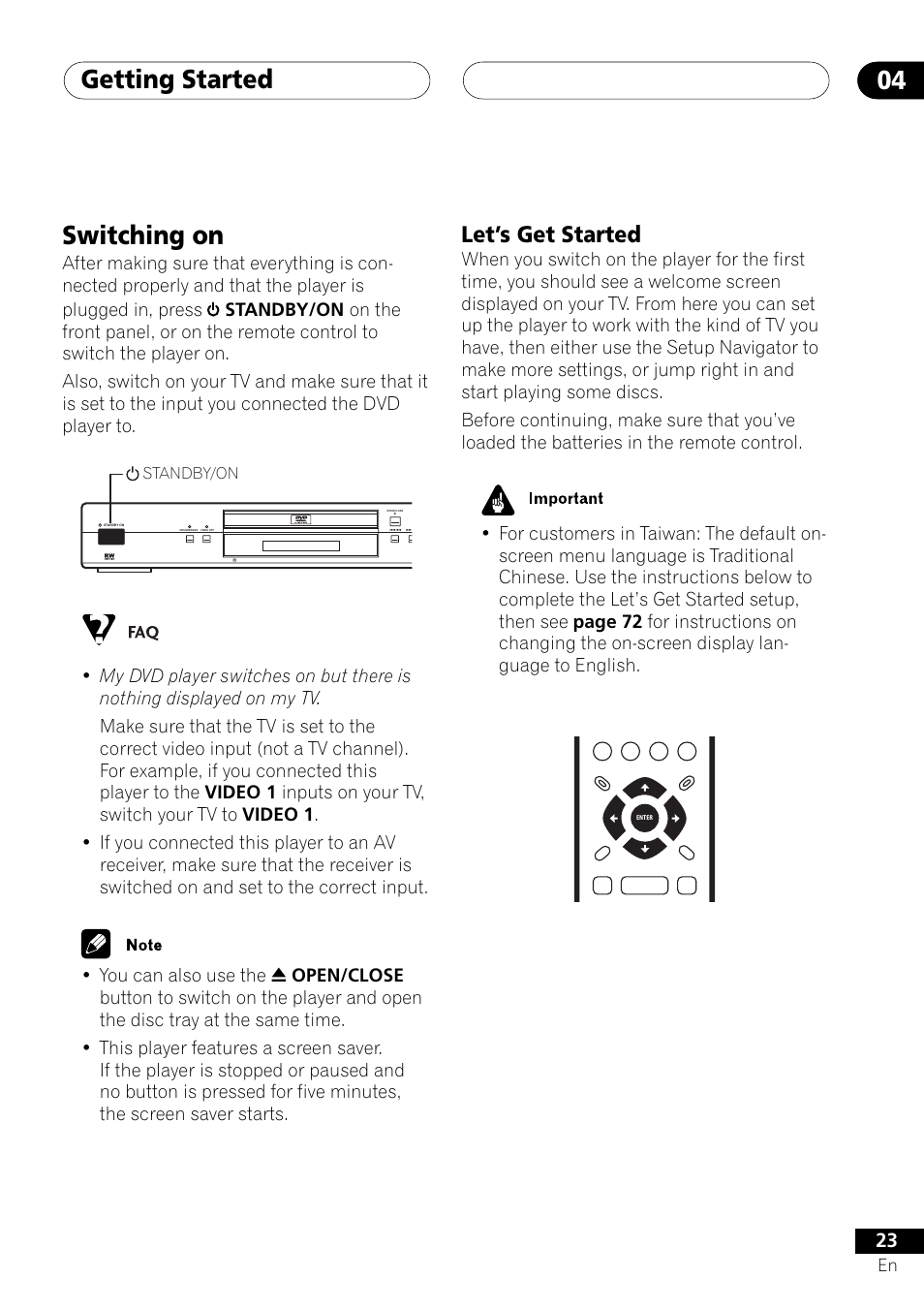 Switching on, Let’s get started, Getting started 04 | Pioneer DV-656A User Manual | Page 23 / 80