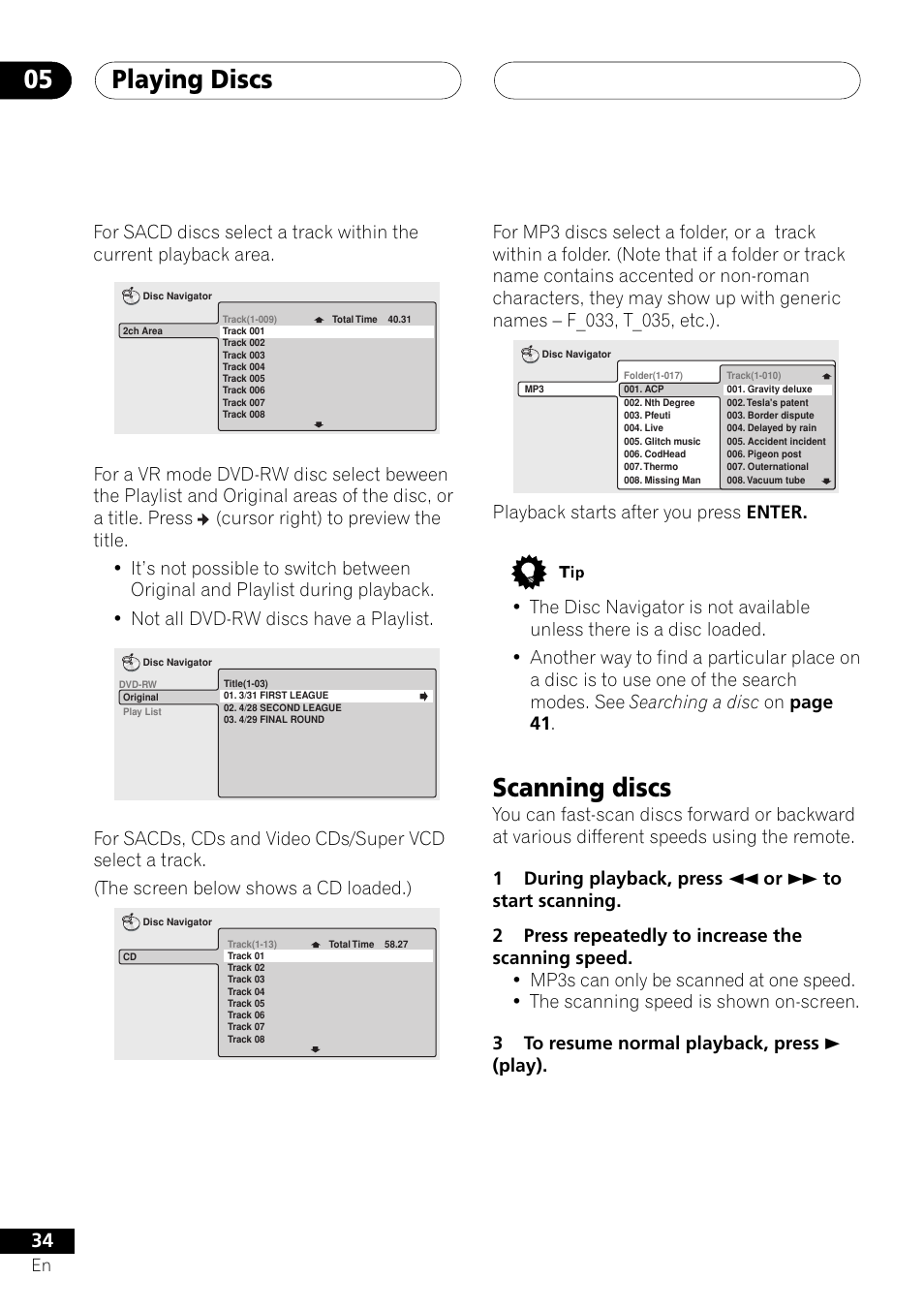 Scanning discs, Playing discs 05 | Pioneer DV-656A User Manual | Page 34 / 80