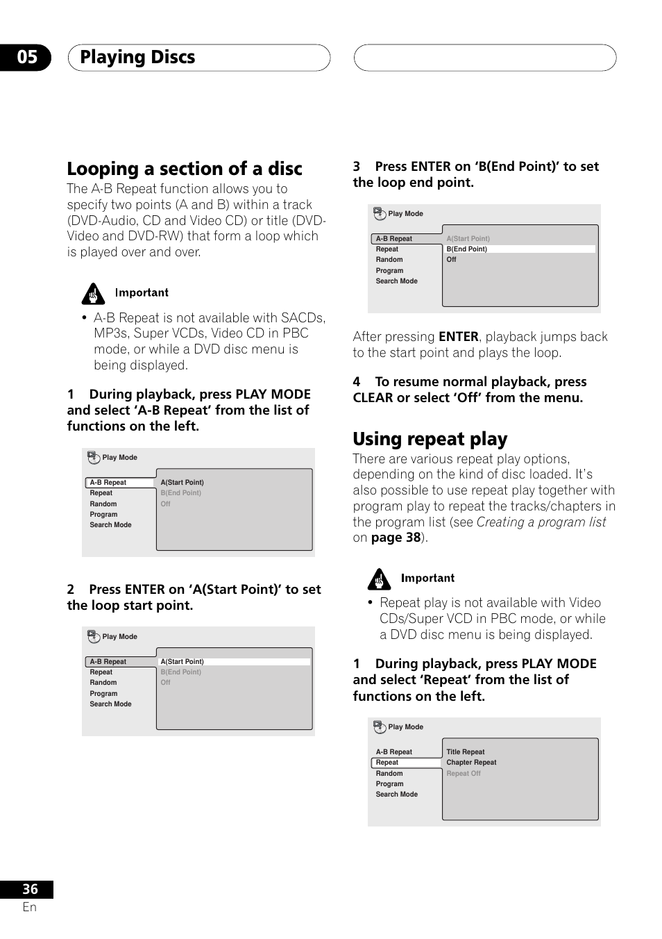 Looping a section of a disc using repeat play, Playing discs 05, Using repeat play | Pioneer DV-656A User Manual | Page 36 / 80