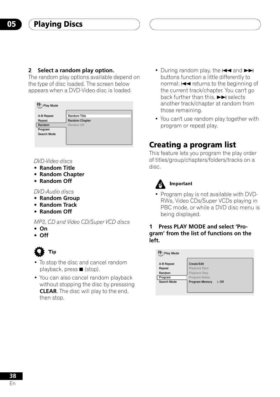 Creating a program list, Playing discs 05 | Pioneer DV-656A User Manual | Page 38 / 80