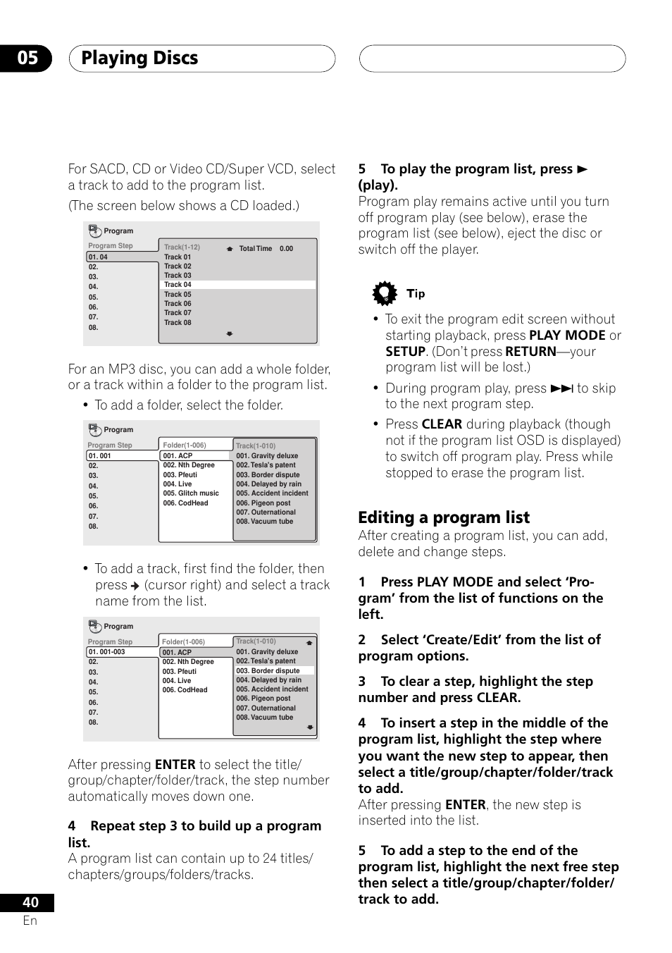 Editing a program list, Playing discs 05 | Pioneer DV-656A User Manual | Page 40 / 80