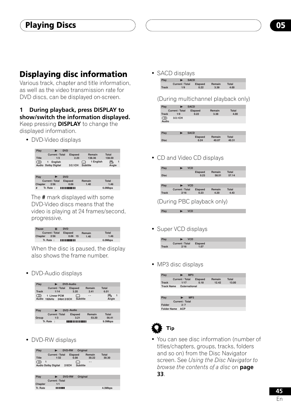 Playing discs 05, Displaying disc information, Dvd-rw displays | Sacd displays, During multichannel playback only), Cd and video cd displays, During pbc playback only), Super vcd displays, Mp3 disc displays | Pioneer DV-656A User Manual | Page 45 / 80