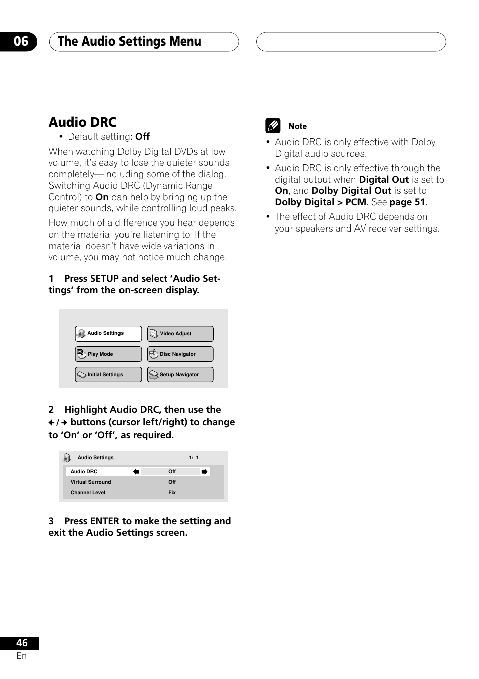 Audio drc, The audio settings menu 06 | Pioneer DV-656A User Manual | Page 46 / 80