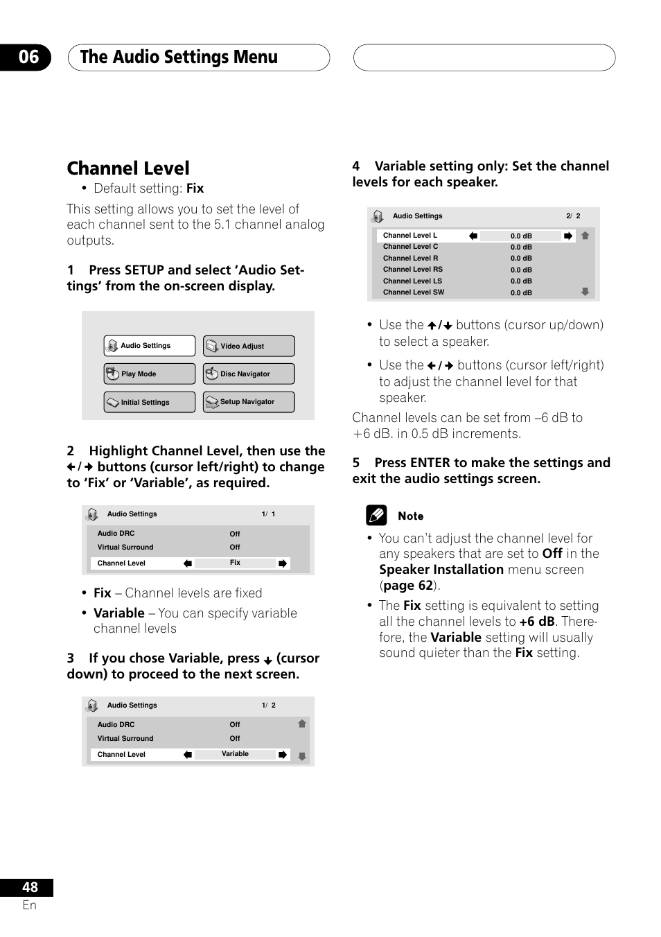 Channel level, The audio settings menu 06, 2highlight channel level, then use the | Use the | Pioneer DV-656A User Manual | Page 48 / 80