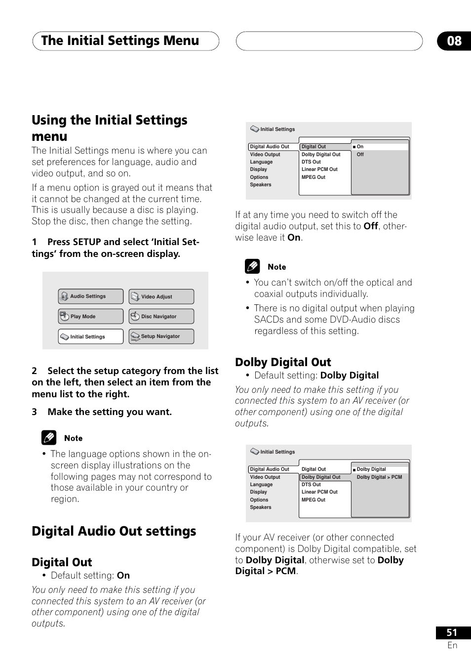 Digital out dolby digital out, The initial settings menu 08, Using the initial settings menu | Digital audio out settings, Dolby digital out, Digital out | Pioneer DV-656A User Manual | Page 51 / 80