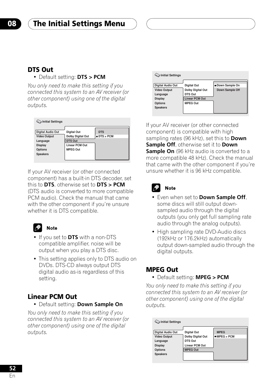 Dts out linear pcm out mpeg out, The initial settings menu 08, Mpeg out | Dts out, Linear pcm out | Pioneer DV-656A User Manual | Page 52 / 80