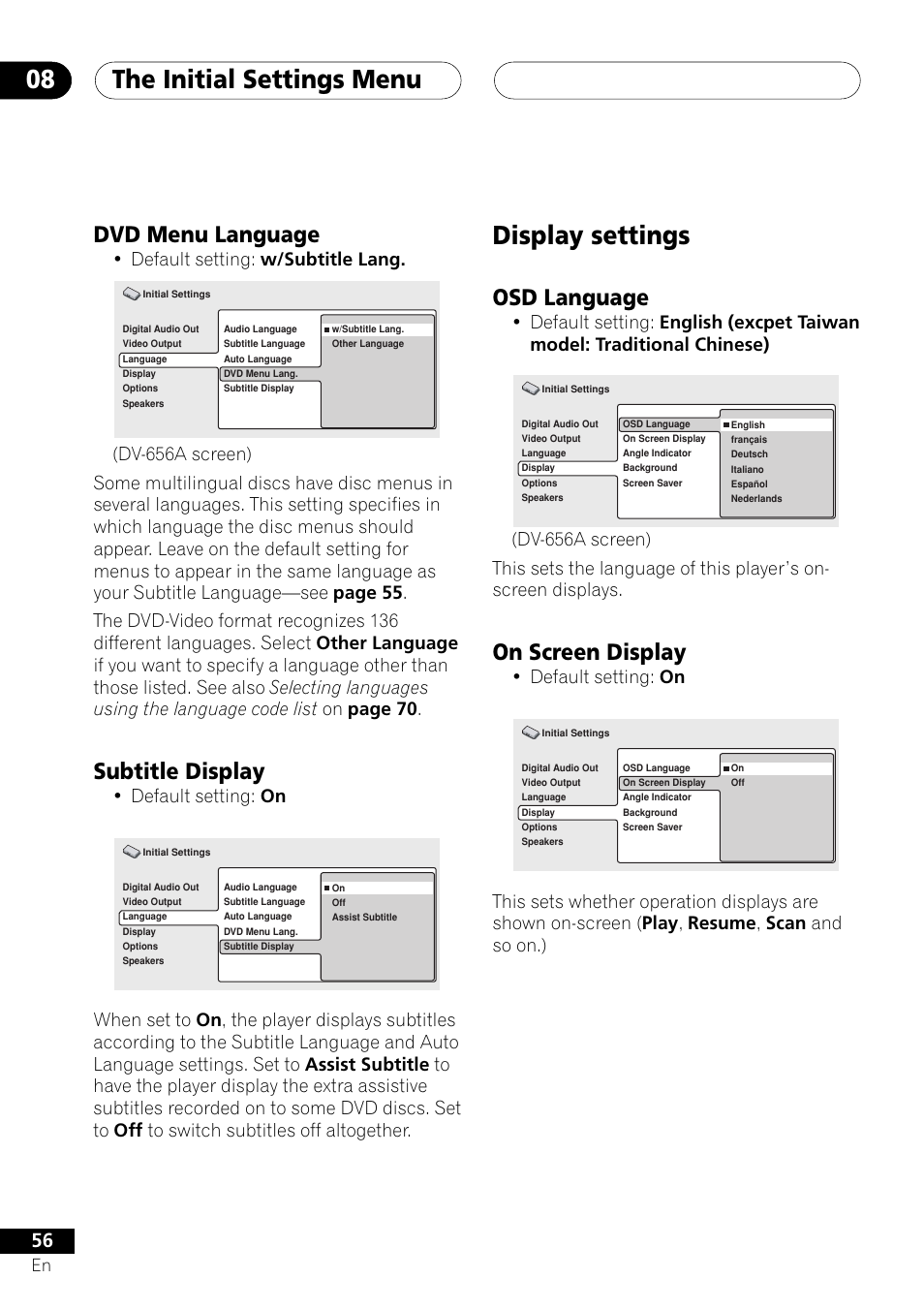Dvd menu language subtitle display, Display settings, Osd language on screen display | The initial settings menu 08, Dvd menu language, Subtitle display, Osd language, On screen display, Default setting: w/subtitle lang, Default setting: on | Pioneer DV-656A User Manual | Page 56 / 80