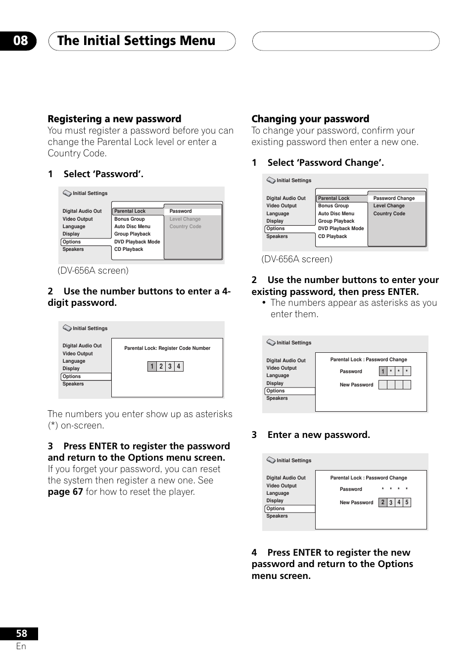 Registering a new password changing your password, The initial settings menu 08, Registering a new password | Changing your password, 3enter a new password | Pioneer DV-656A User Manual | Page 58 / 80
