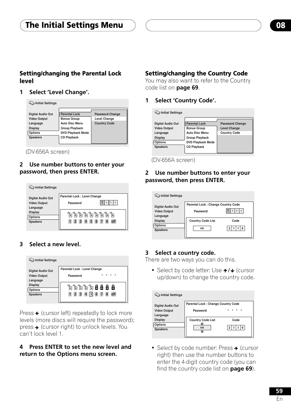 The initial settings menu 08, Setting/changing the parental lock level, Setting/changing the country code | 1select ‘level change, 3select a new level, Cursor up/down) to change the country code | Pioneer DV-656A User Manual | Page 59 / 80