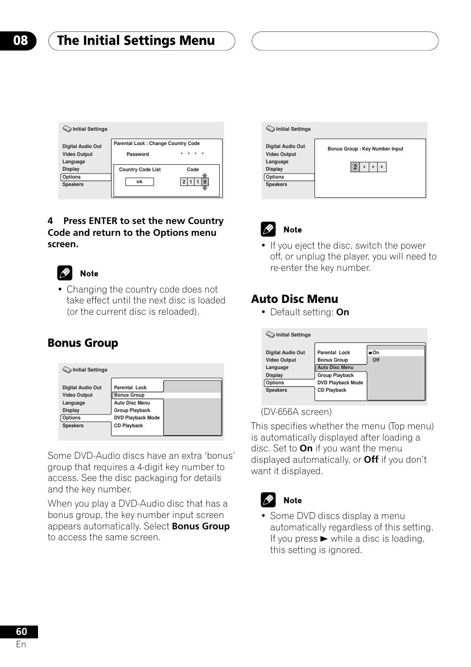 Bonus group auto disc menu, The initial settings menu 08, Bonus group | Auto disc menu, Default setting: on | Pioneer DV-656A User Manual | Page 60 / 80