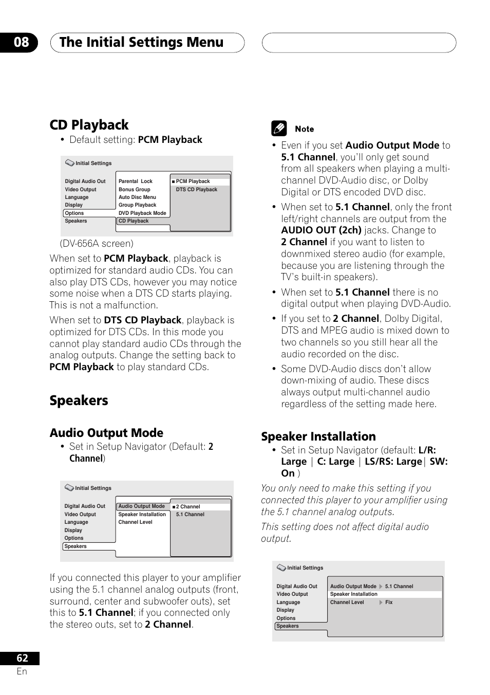 Cd playback, Speakers, Audio output mode speaker installation | The initial settings menu 08, Audio output mode, Speaker installation, Default setting: pcm playback, Set in setup navigator (default: 2 channel ) | Pioneer DV-656A User Manual | Page 62 / 80