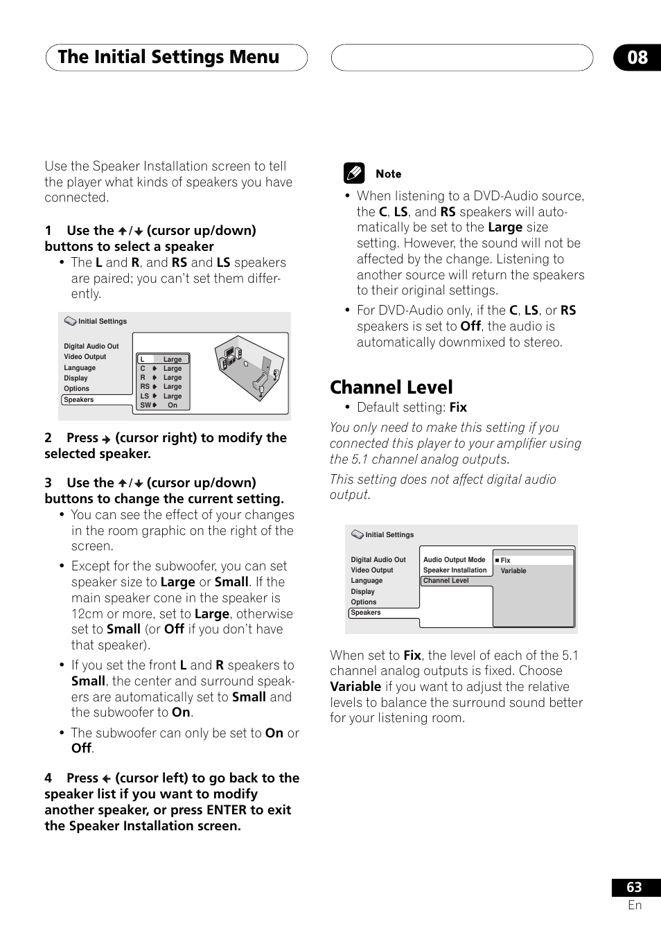 Channel level, The initial settings menu 08 | Pioneer DV-656A User Manual | Page 63 / 80