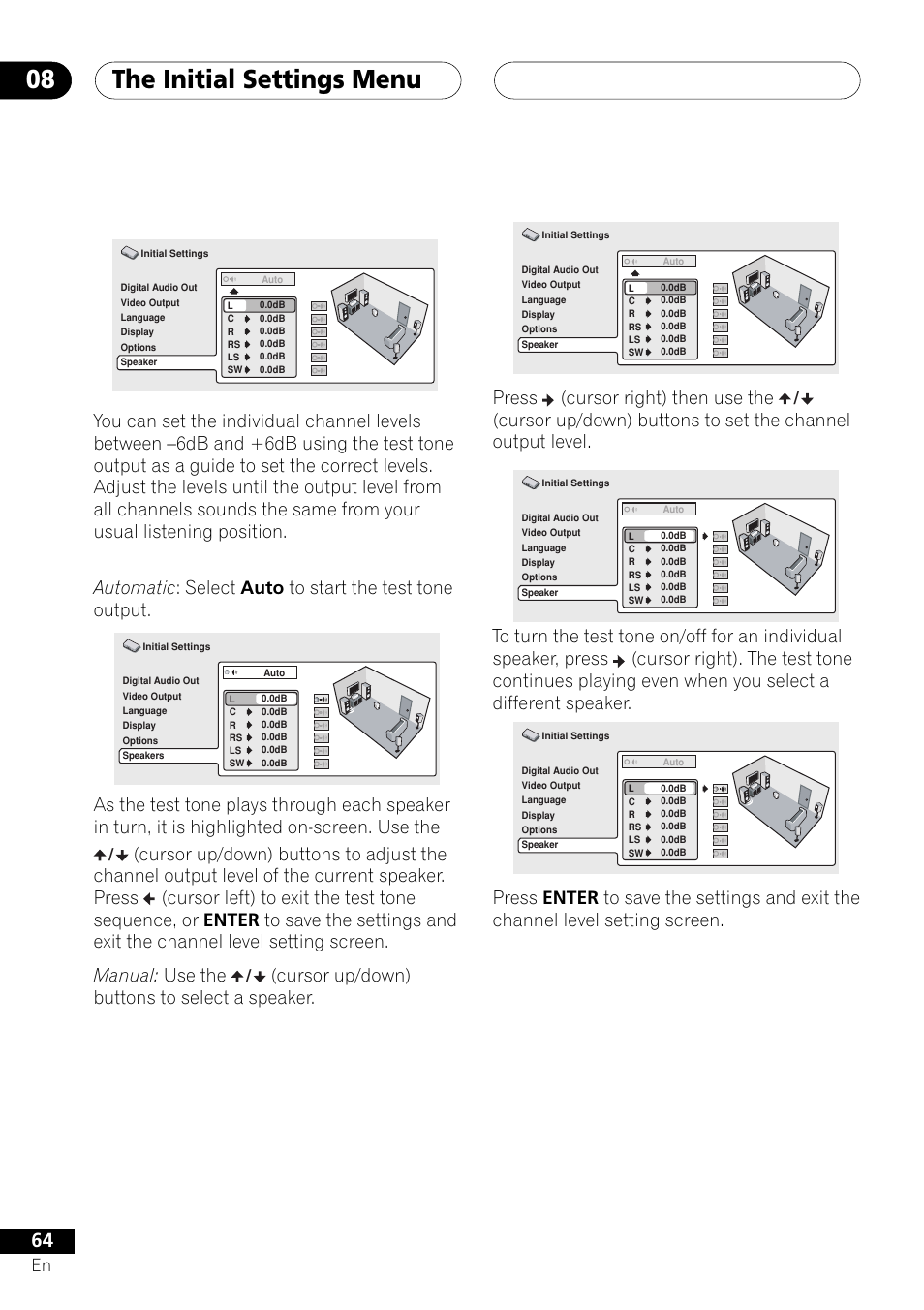 The initial settings menu 08, Cursor up/down) buttons to select a speaker, Press (cursor right) then use the | Pioneer DV-656A User Manual | Page 64 / 80