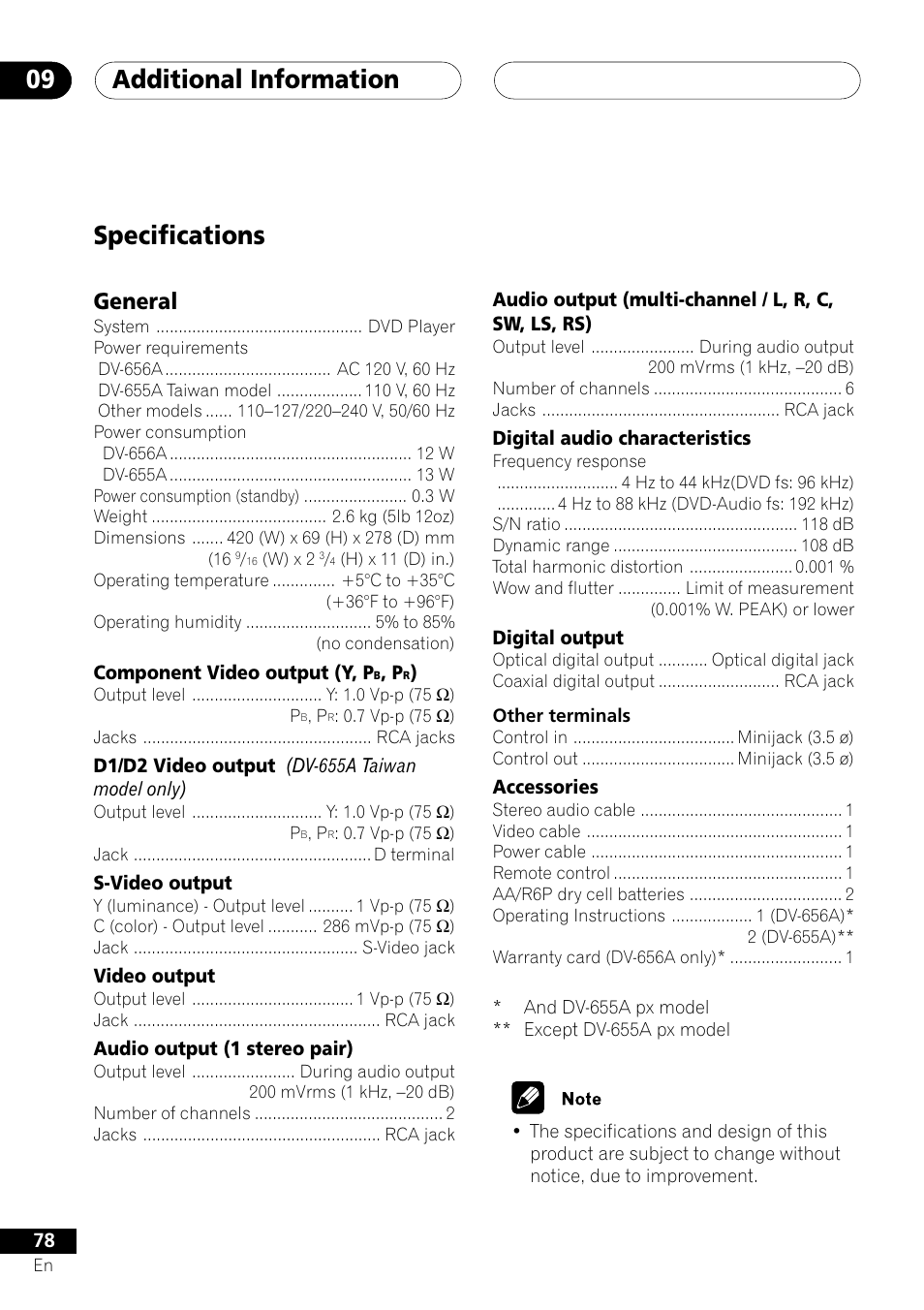 Specifications, Additional information 09, General | Pioneer DV-656A User Manual | Page 78 / 80