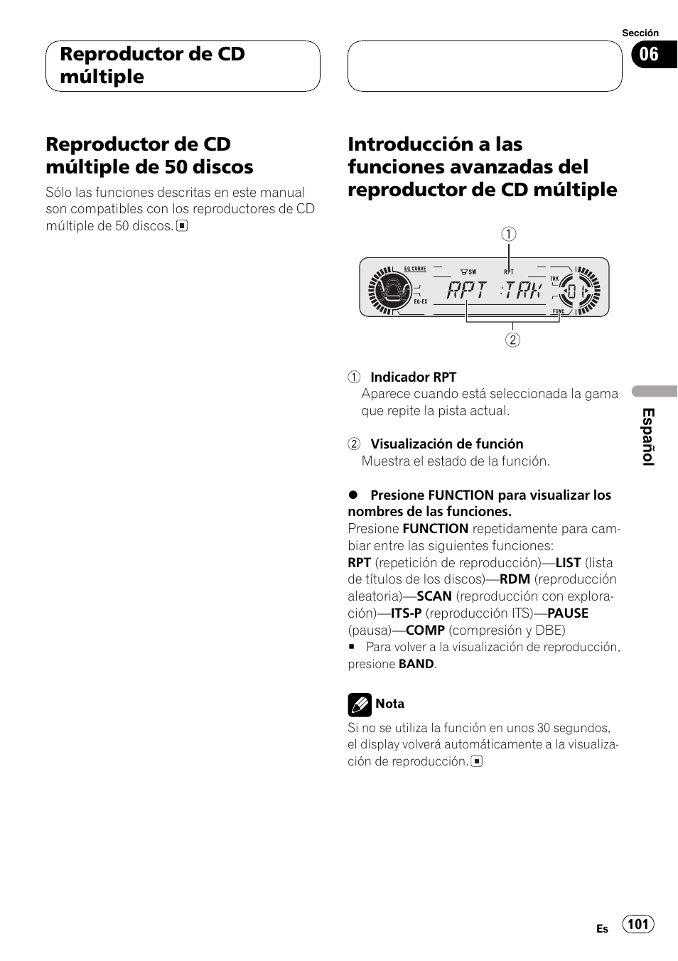 Reproductor de cd múltiple de 50, Discos 101, Introducción a las funciones avanzadas del | Reproductor de cd múltiple 101, Reproductor de cd múltiple de 50 discos, Reproductor de cd múltiple | Pioneer DEH-P360 User Manual | Page 101 / 124